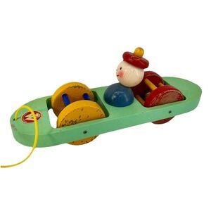 Vintage Walter Wooden‎ Pull Toy Clown  Musical Bells Germany Non Toxic RARE
